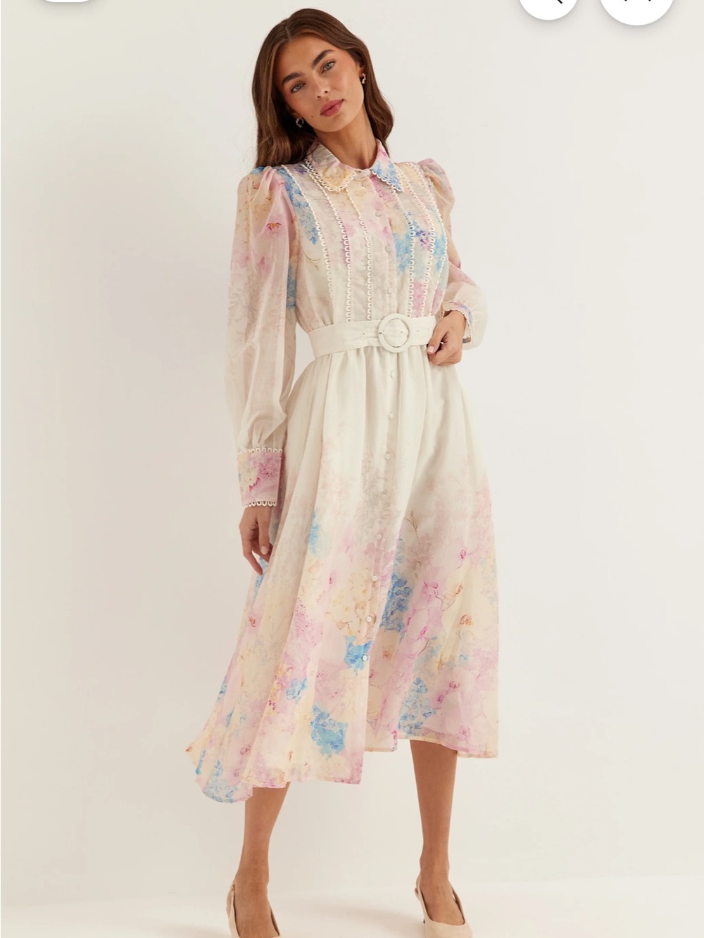 Vero Moda small new Pastel Floral Puff-Sleeve Midi Dress with Belt